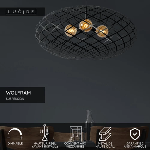 Lucide WOLFRAM - Suspension - Ø 100 cm - 3xE27 - Convient aux mezzanines et plafonds hauts - Noir - USP